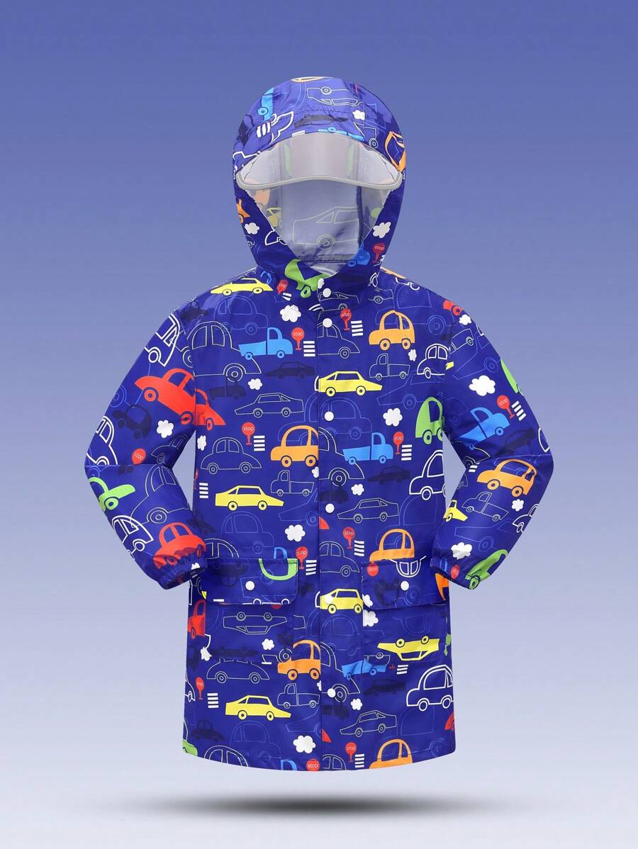大童蓝色简约汽车图案印花连帽长袖雨披雨衣，户外雨衣 - 藍色 - 查看 1