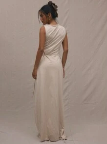 MUSERA Đầm maxi dài không tay, kiểu quấn, màu trơn, thích hợp cho đi Ibiza, nghỉ lễ, đi club, tốt nghiệp. - Màu Khaki - Xem 2