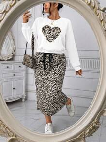 SHEIN 大码休闲豹纹与心形印花仿珍珠装饰羊毛运动衫和抽绳腰直筒裙 2 件套，秋冬
