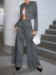 SHEIN Black Friday x Star Picks GENKIRA Commuting Casual Round Neck Front Button Long Sleeve Blazer Jacket And Wide Leg Extra Long Pants Elegant Suit Set Fall Cloth For Women - Grey - View 3