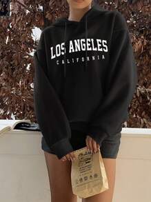 Attitoon Pull à capuche ample à manches longues, imprimé "LIS ANGELES" en anglais, style minimaliste décontracté pour femmes