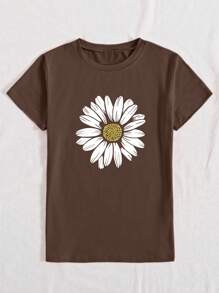 INAWLY 花卉印花短袖 T 恤，休闲迷人花卉图案套头圆领上衣，女士 - 卡其色 - 查看 4