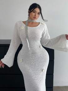 Celure Plus Size Textured Knit Crew Neck Crochet Elegant Long Dress, Autumn/Winter