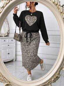 Calvaya 大码休闲豹纹心形图案仿珍珠装饰羊毛运动衫和抽绳腰直下摆裙子两件套，秋冬 - 黑色 - 查看 5