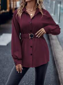 SHEIN LUNE Solid Color Button Front With Belt Long Sleeve Elegant Shirt Fall Cloth For Women - Red Violet - View 3