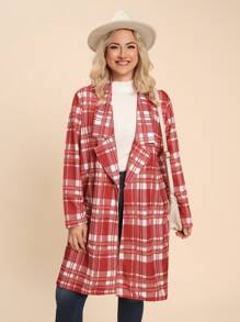 SHEIN LUNE 大码宽领长袖格子简约休闲衬衫，日常穿着 - 紅色 - 查看 6