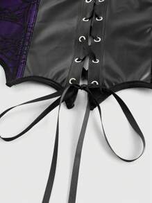 ROMWE Goth Y2K 深色性感蜘蛛网蕾丝拼接蝙蝠造型拼色 PU 皮革可调节吊带短款上衣，适合女士，万圣节 - 紫色 - 查看 3