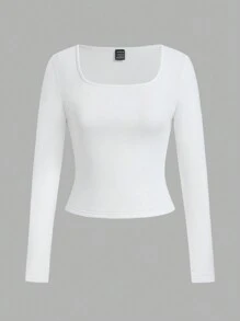 SHEIN EZwear Plus Size Solid Color Square Neck Long Sleeve Casual Top - Black - View 4