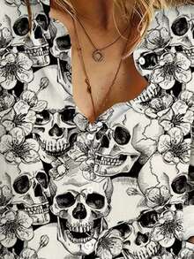 Women's Halloween Skull Print Minimalist Casual Button Down Long Sleeve Shirt, Spring/Summer - Black - View 3