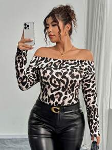 Celure Áo thun dài tay hở vai in họa tiết da báo cỡ lớn thời trang cho nữ, mùa xuân và mùa thu - Nhiều màu - Xem 4