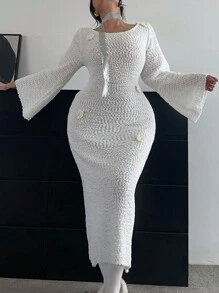 Celure Plus Size Textured Knit Crew Neck Crochet Elegant Long Dress, Autumn/Winter