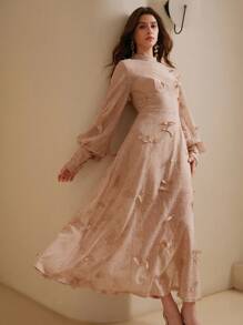 Anewsta Vintage Elegant Hollow Lace Embroidered Butterfly Round Neck Lantern Sleeve Tiered Waist Midi Dress, Autumn Maxi Women Outfit