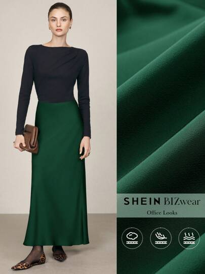 BizChic 1pc Women's Solid Color Pleated Zipper Long Skirt