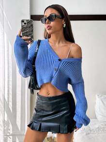 SHEIN EZwear Green Sleeve Button Front Rib Knit Cardigan - Blue - View 3