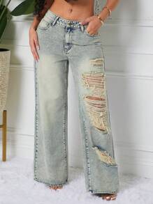 SHEIN SXY 女士休闲破洞阔腿宽松口袋牛仔裤