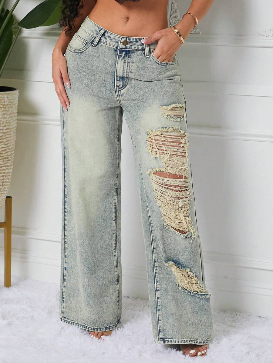 SHEIN SXY 女士休闲破洞阔腿宽松口袋牛仔裤