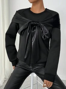 SHEIN Clasi Áo nỉ dài tay cổ tròn lót giữ nhiệt bằng satin trang trí nơ dành cho nữ, kiểu dáng thường ngày, thích hợp cho mùa thu. - màu đen - Xem 8