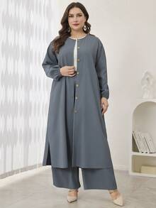 Lacomfia Bộ 2 món/Bộ quần áo vest và áo khoác kết cấu tay đèn lồng rộng rãi cỡ lớn cài nút phía trước, mùa thu - Màu xanh bụi bặm - Xem 3