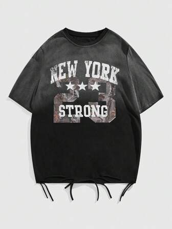 Street Life Camiseta de manga corta con cuello redondo, estampado de letras y lavado desgastado informal para hombres, para el verano