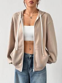 Muchica 1pc Women Khaki Color Thermal Lined Hooded Zipper Sweatshirt, Autumn/Winter - Khaki - View 3