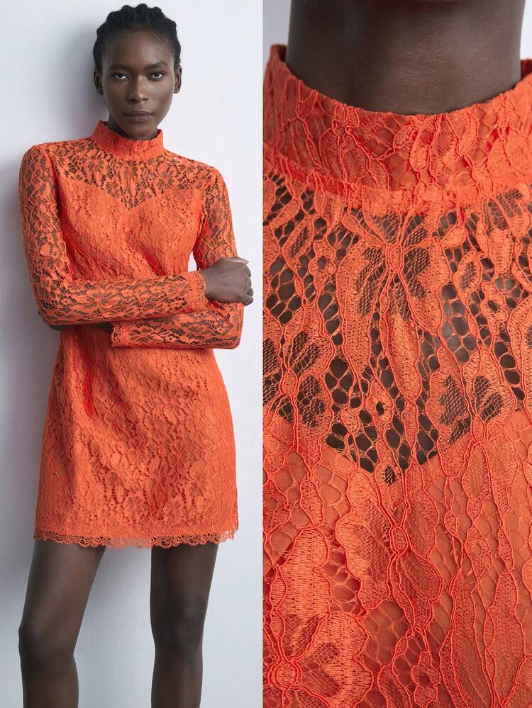 SHEIN Maija New Autumn/Winter Urban Chic Elegant Everyday & Party Lace Mini Dress, Red & Orange Colors For Women