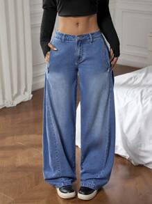 SHEIN EZwear Vaqueros holgados y informales para mujer con bolsillos sesgados y lavado