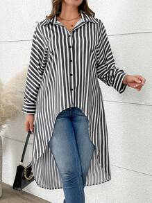 SHEIN LUNE 女士休闲高低宽松条纹衬衫