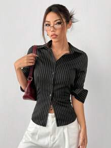SHEIN EZwear 女士黑白条纹编织衬衫，适合休闲通勤、秋季、长袖上衣 - 黑色 - 查看 6