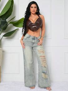 SHEIN SXY 女士休闲破洞阔腿宽松口袋牛仔裤