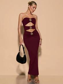 SHEIN BAE 女士秋季金属花朵装饰紧身性感露背无袖连体裤连衣裙 - 酒紅色 - 查看 3