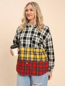 SHEIN LUNE Plus Size Women Plaid Color Block Sleeve Blouse, Autumn Plus Size Fall Clothes - Multicolor - View 1