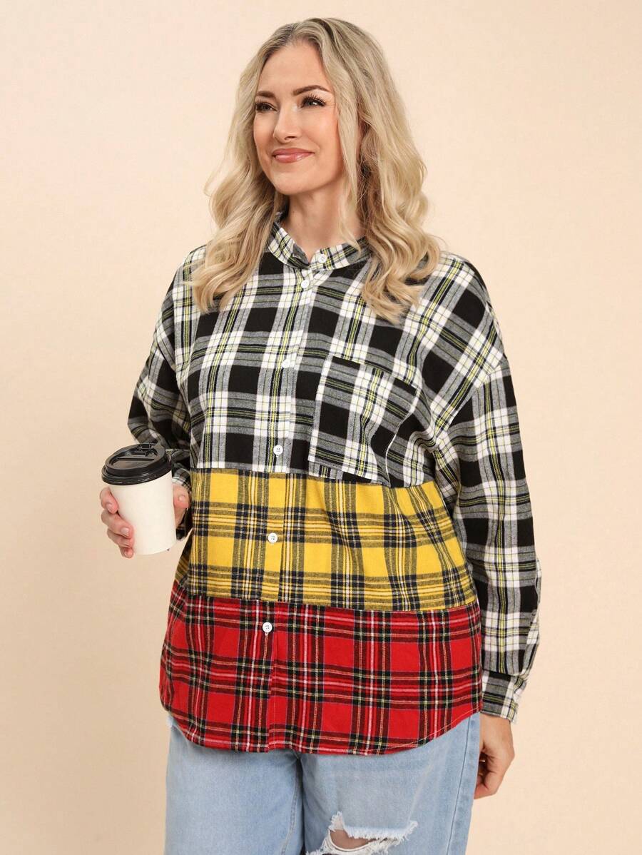 SHEIN LUNE Plus Size Women Plaid Color Block Sleeve Blouse, Autumn Plus Size Fall Clothes - Multicolor - View 1