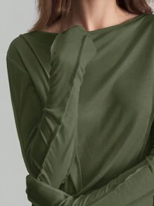 Ontre Women's Crew Neck Long Sleeve Cream Beige Casual Top, Autumn/Winter Back To School Basic Top - Army Green - View 4