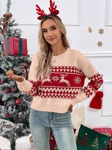 Chiquease 女式圣诞驯鹿图案落肩毛衣，秋冬休闲风格 - 彩色 - 查看 4