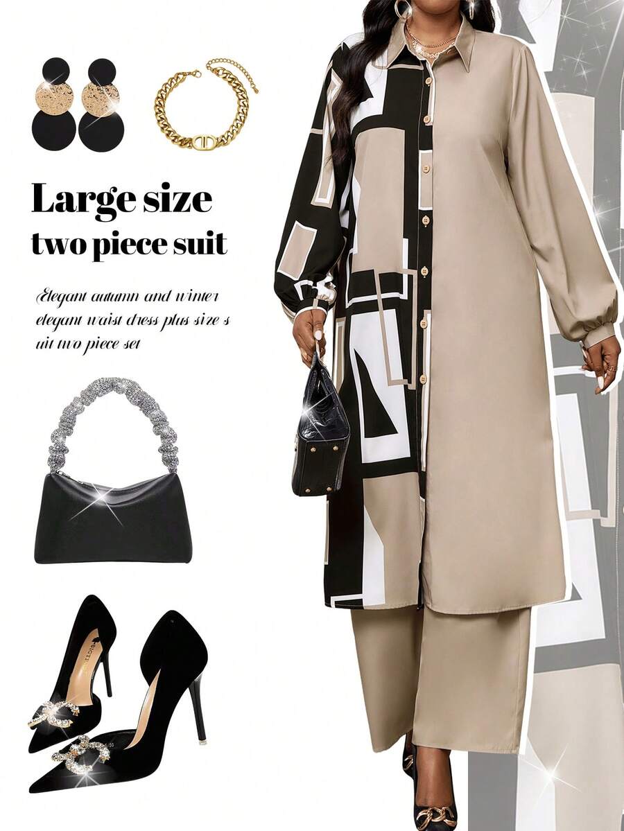 SHEIN Lady Robe tunique élégante pour femmes grandes tailles pour l'automne et l'hiver. Ensemble deux pièces marron grande taille pour la saison des chutes. Ensembles femme deux pièces pour l'hiver - Multicolore - Voir 1