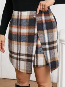 SHEIN Clasi 大码格子印花开衩下摆半身裙