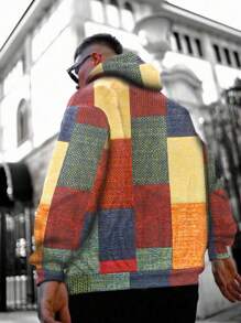 Men Spring And Summer Geometric Print Drawstring Hooded Long Sleeve Loose Sweatshirt, Fall