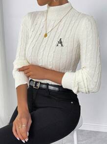 Calvaya Jersey de cuello redondo de unicolor con detalle de trenzado, top elegante con detalle de bordado, otoño/invierno