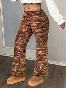 Slaydiva Pantalones acampanados de punto con cuello en V y cintura cruzada, pantalones largos esponjosos para mujer
