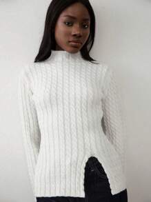 Flirla 1pc Women Stand Collar Textured Split Hem Fitted Long Sleeve Knit Sweater, Casual Autumn/Winter
