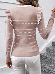 SHEIN Clasi Women Crew Neck Long Sleeve Striped Ruffled Hem Fitted Sweater, Autumn/Winter - Pink - View 2