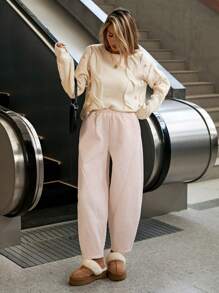 SHEIN Essnce Women's Solid Color Elastic Waist Pocket Wide Leg Loose Casual Pants