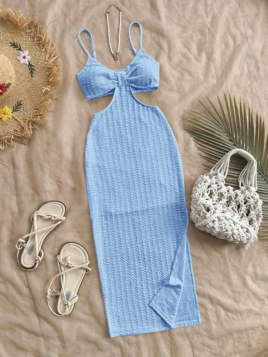 Soleia 度假休闲性感格纹背心，纹理面料 - 淺藍色 - 查看 1