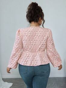 Flirla Blusa con mangas de farol, dobladillo con volantes, cierre delantero con lazo, diseño jacquard floral, talla grande, otoño - Rosa - Ver 2