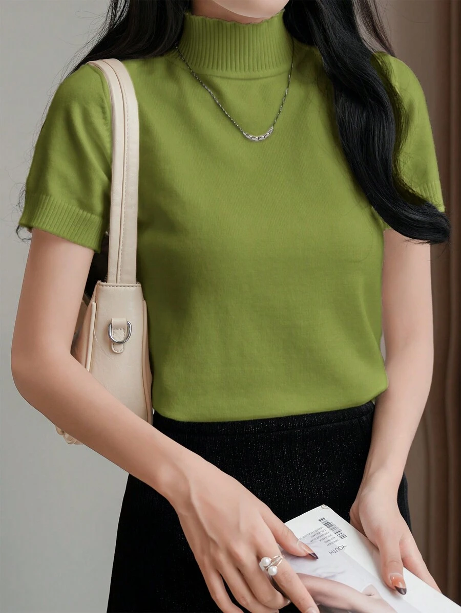 SHEIN LUNE Women Casual Solid Color Turtleneck Short Sleeve Pullover Knit Top - Mint Green - View 1