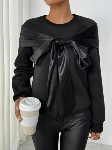 SHEIN Clasi Áo nỉ dài tay cổ tròn lót giữ nhiệt bằng satin trang trí nơ dành cho nữ, kiểu dáng thường ngày, thích hợp cho mùa thu. - màu đen - Xem 1