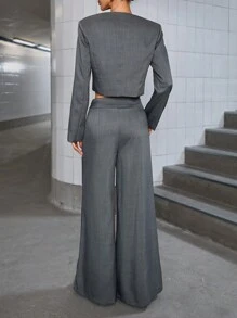 SHEIN Black Friday x Star Picks GENKIRA Commuting Casual Round Neck Front Button Long Sleeve Blazer Jacket And Wide Leg Extra Long Pants Elegant Suit Set Fall Cloth For Women - Grey - View 2
