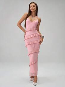 Calvaya Vestido ajustado sin mangas de unicolor con volantes