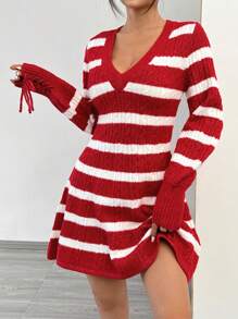 SHEIN EZwear Women Casual Daily Wear Color Block Striped Cable Knit Sweater Dress, Autumn/Winter