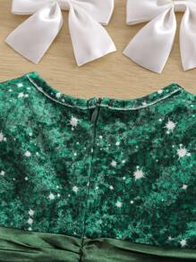 SHEIN Baby Girl Cute Green Velvet Sequin Pattern Long Sleeve Christmas Dress, Autumn/Winter